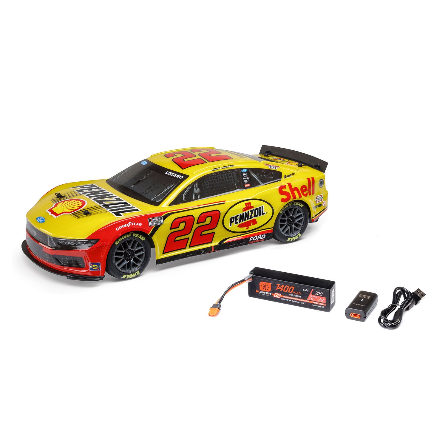 PRE ORDER ONLY FOR MID MAY LOS1122522 1/12 NASCAR RC Racecar Joey Logano No. 22 2025 Shell-Pennzoil Ford Mustang 2S AWD RTR Brushed On-Road (Battery & Charger Included), Yellow