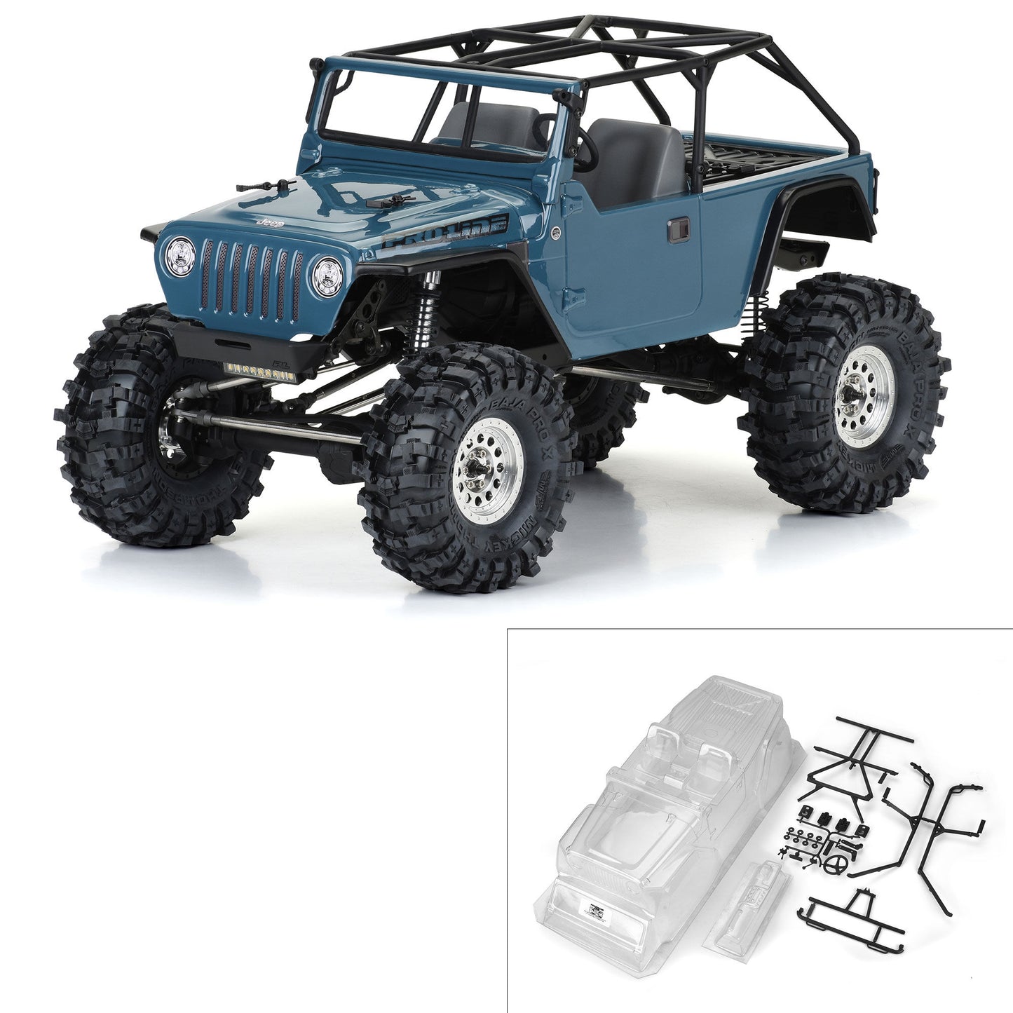 PRO364400 2004 Jeep LJ Clear Body with Trail Cage & Scale Molded Accessories for 12.3" (313mm) Wheelbase Scale Crawlers