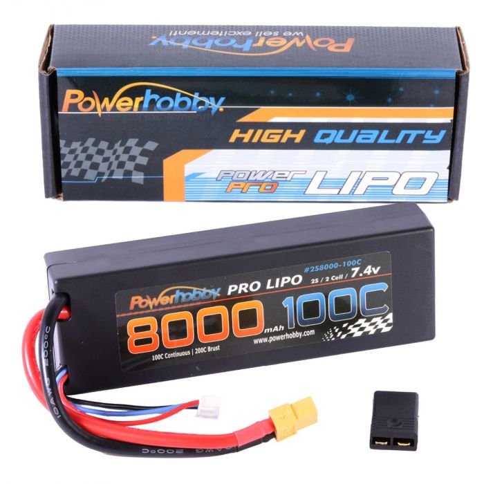 PHB2S8000100CXT60APT Power Hobby 2S 7.4V 8000mAh 100C-200C LiPo Battery with Hardwired XT60 Plug & HC Adapter