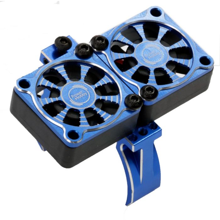 PHBPH1297BL 1/10 Aluminum Heatsink Mount 30mm Twin Turbo Cooling Fans, Blue | The RC Shop at Dr Dans