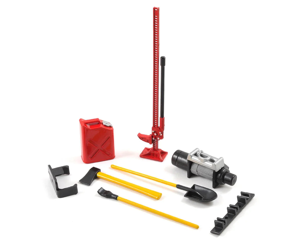 YEA-YA-0356RD Yeah Racing 6-Piece Scale Tool Set (Red) w/Axe, Shovel, Oil Tank, Jack, Winch |The RC Shop at Dr Dans