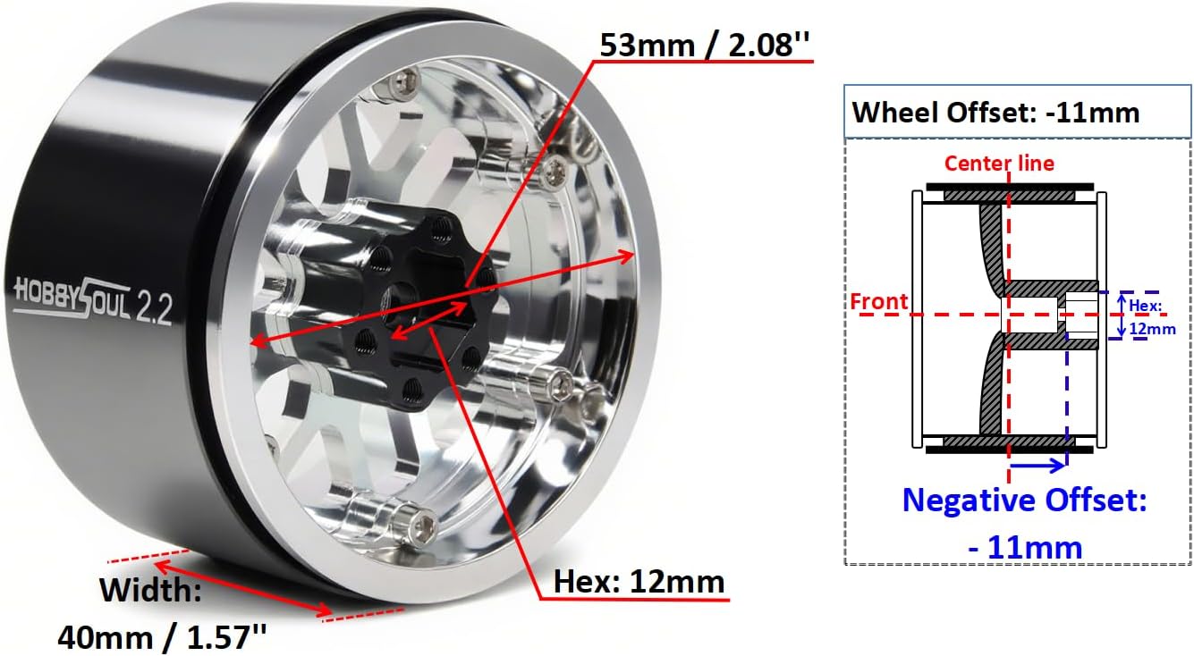 HOBBYSOUL 2.2 Beadlock Wheels -11mm Negative Offset 40mm Wide Rims 2.2 RC Wheels Hex 12mm for 1/10 RC Mud Crawler SCX10 Capra TRX4 Everest gen 7 Pro, Silver        | The RC Shop at Dr Dans