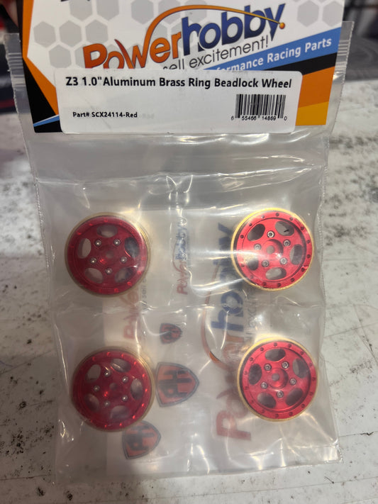 SCX24114-RED   Powerhobby Z3 1.0" Aluminum Brass Ring Beadlock Crawler Wheels 1/24 SCX24 RED