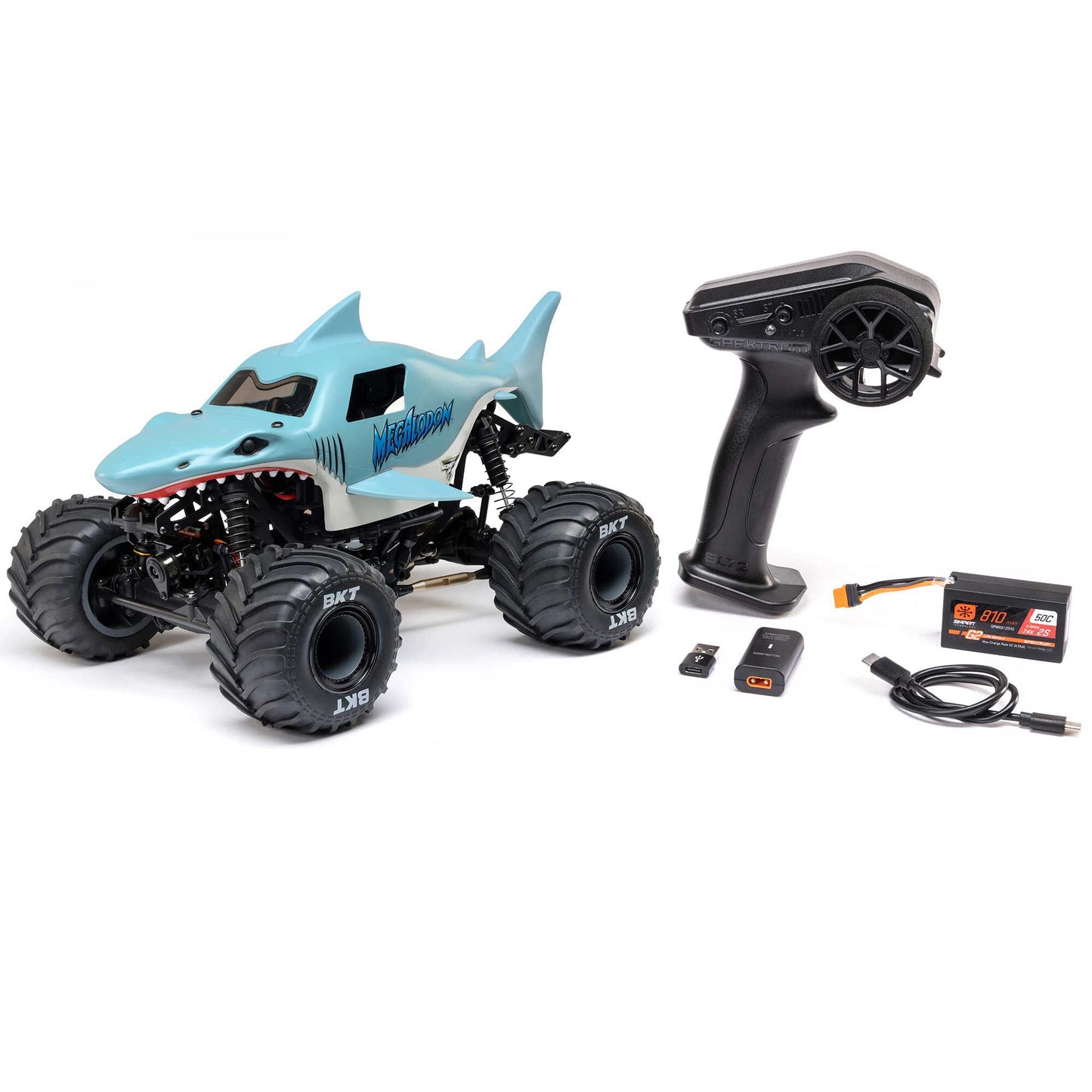 LOS01026T3 - 1/18 Mini LMT Megalodon 2S 4X4 RTR Brushed Monster Truck (Battery &amp; Charger Included), Blue