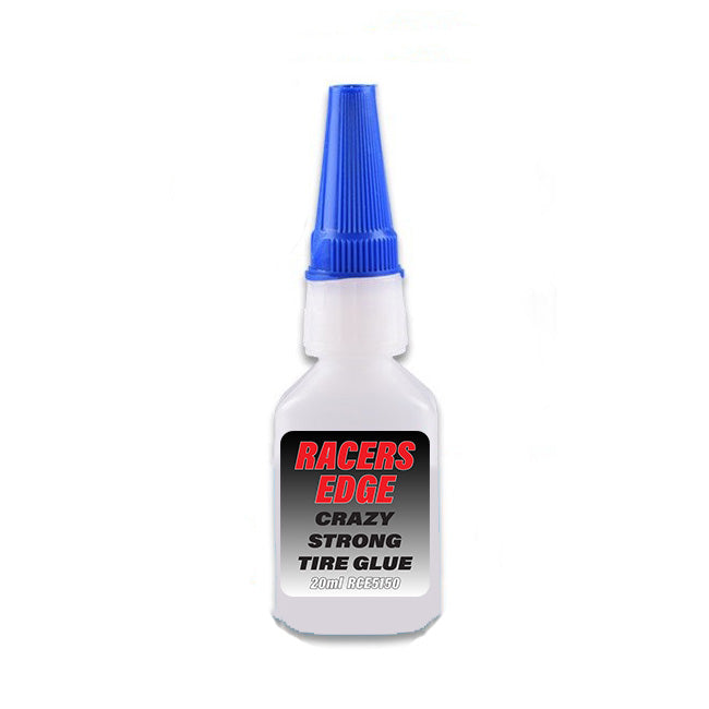 Bottle of Racers Edge tire glue with blue cap on a white background