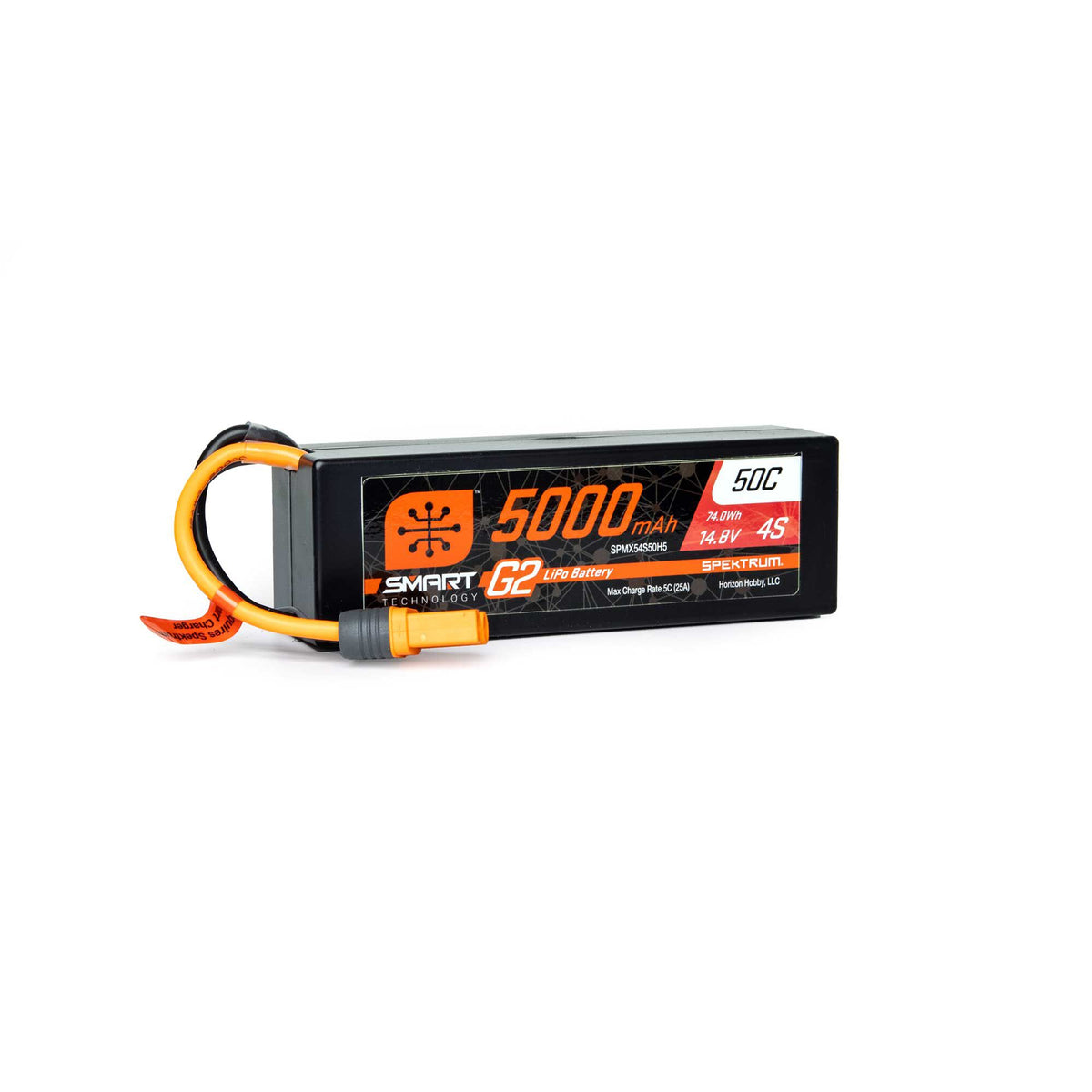 A black lithium polymer (LiPo) battery with orange and white labeling, and a yellow connector.