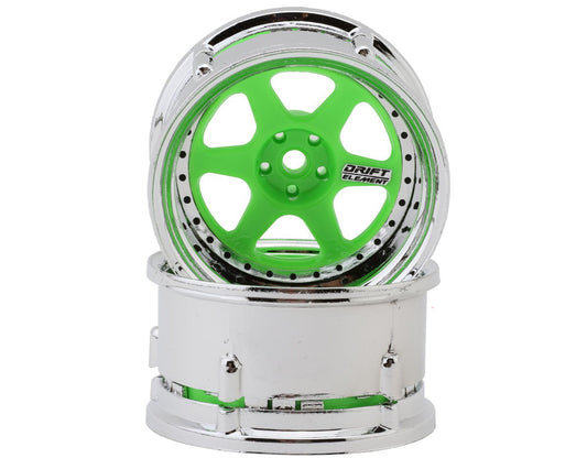DSC-DE-228    DS Racing Drift Element 6 Spokes Drift Wheel (Flu Green/Chrome Lip/Black Rivet) (Adjustable Offset) (2) w/12mm Hex