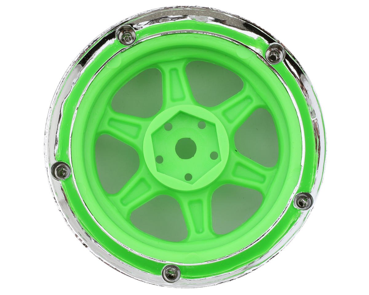 DSC-DE-228    DS Racing Drift Element 6 Spokes Drift Wheel (Flu Green/Chrome Lip/Black Rivet) (Adjustable Offset) (2) w/12mm Hex