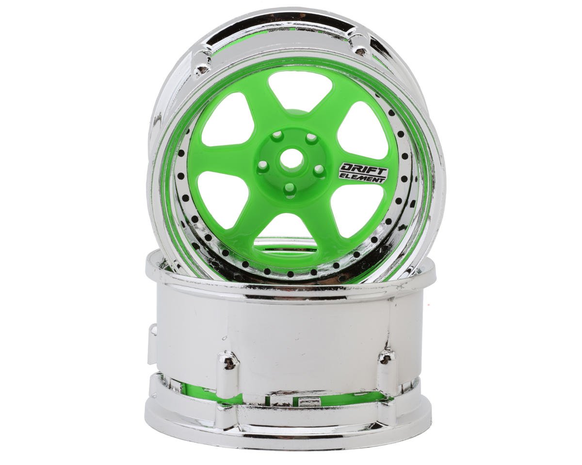 DSC-DE-228    DS Racing Drift Element 6 Spokes Drift Wheel (Flu Green/Chrome Lip/Black Rivet) (Adjustable Offset) (2) w/12mm Hex  | The Rc Shop at DrDans
