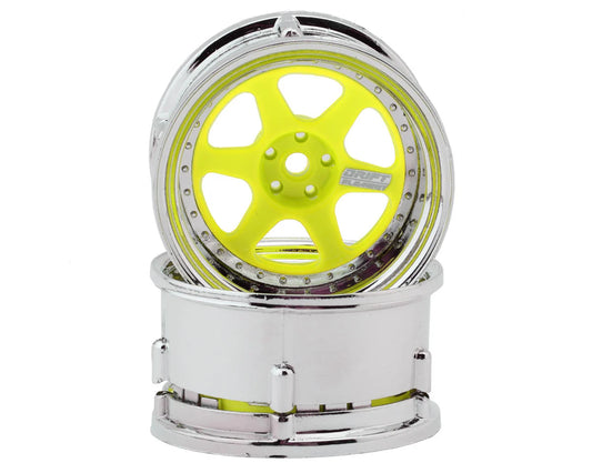 DSC-DE-229    DS Racing Drift Element 6 Spoke Drift Wheels (Flu Yellow/Chrome Lip & Rivets) (2) (Adjustable Offset) w/12mm Hex   |THE RC SHOP