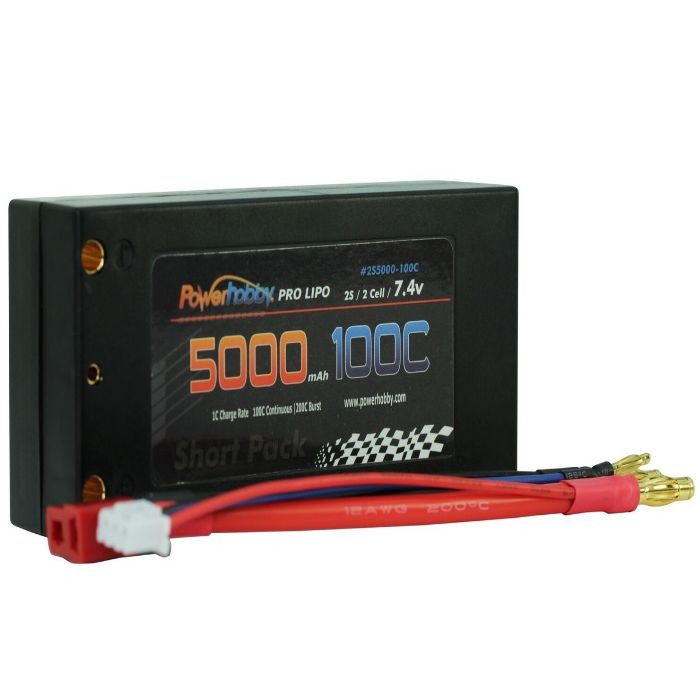 PHB2S5000100CSH  2S 7.4V 5000MAH 100C Shorty Lipo Battery, w/ 4mm Bullet Connectors
