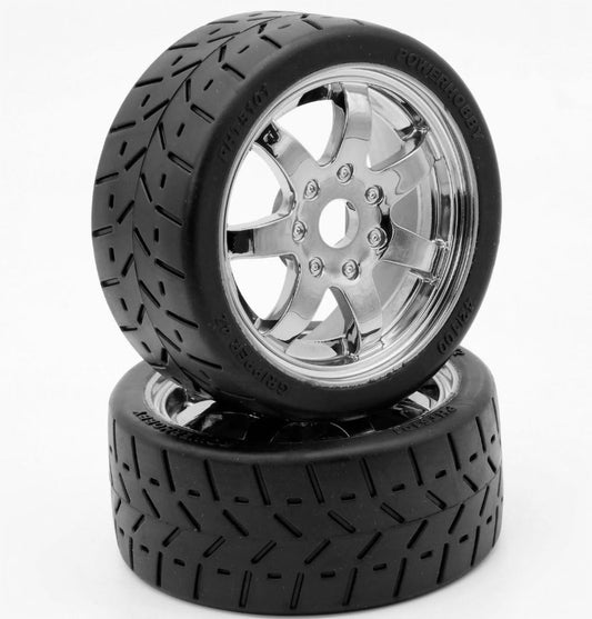 PHBPHT5101CHROME	Power Hobby 1/8 Gripper 42/100 Belted Mounted Tires 17mm Chrome Wheels