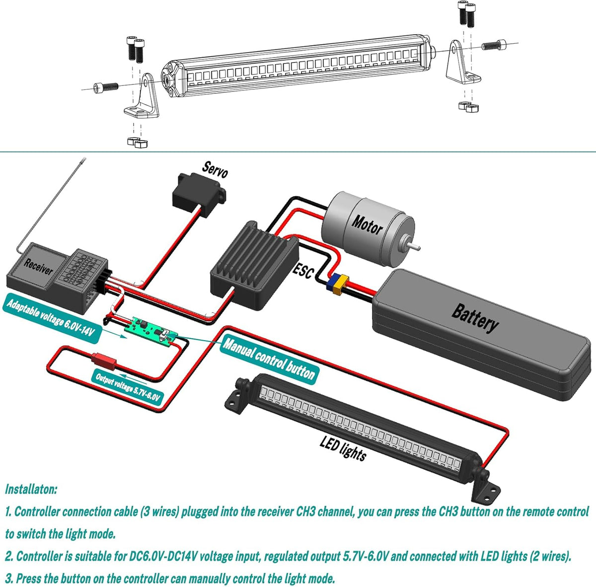 5.3" 30-LED Aluminum RC Light Bar for 1/8 & 1/10 Crawlers
