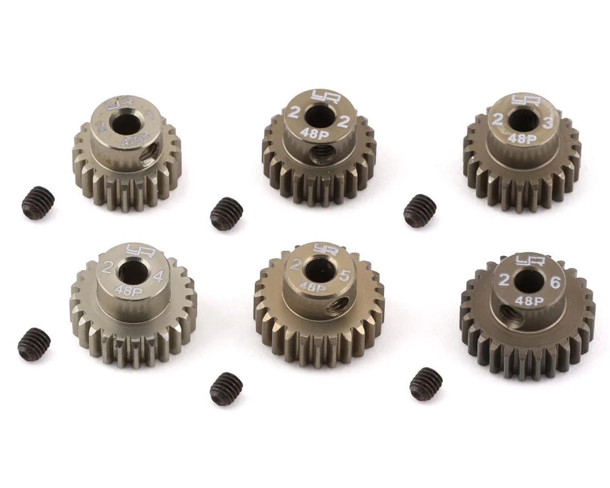 YEA-MG-48021-026    Yeah Racing Hard Coated 48P Aluminum Pinion Gear Set (21, 22, 23, 24, 25, 26T) (3.17mm Bore)      | The RC Shop at Dr Dans