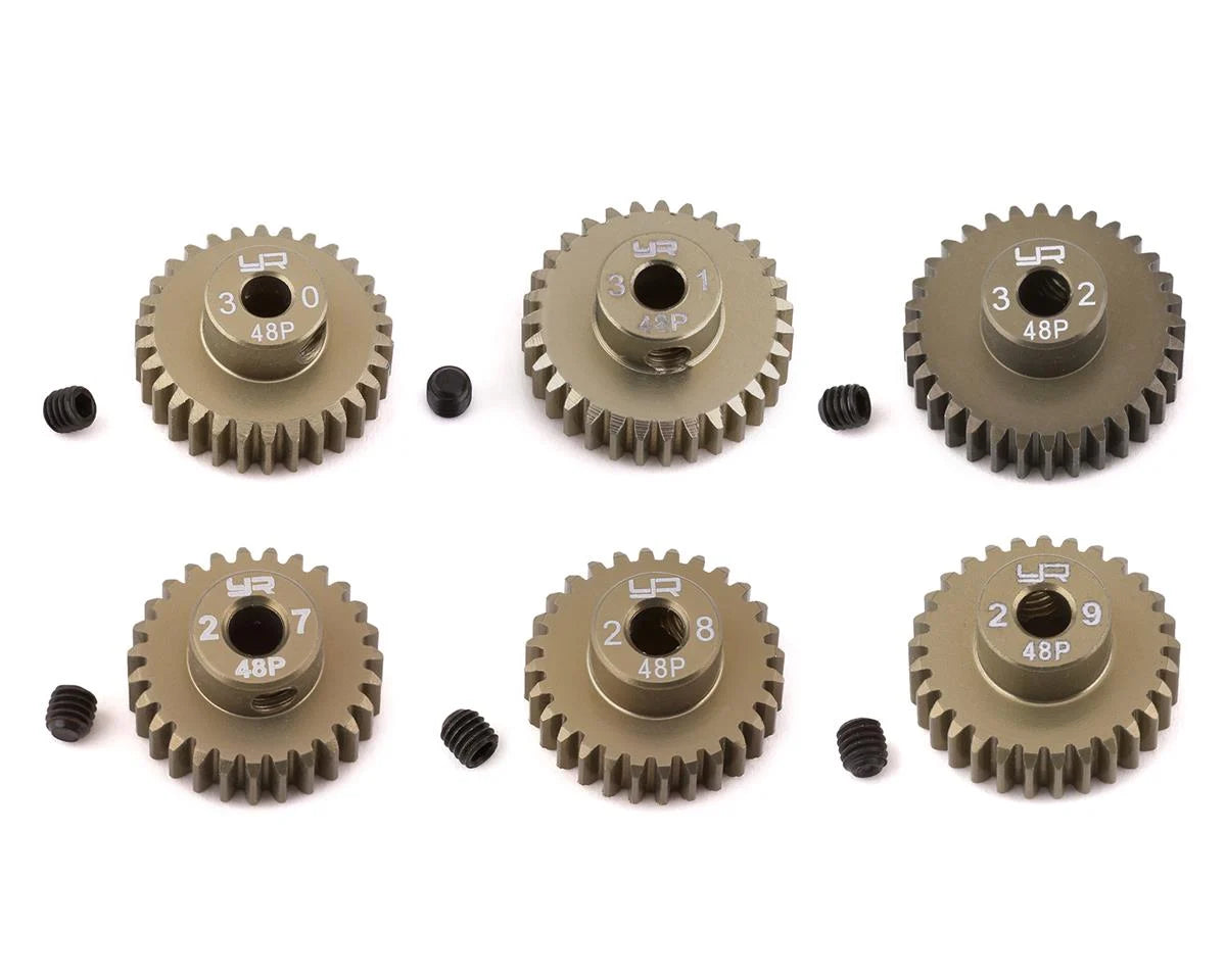 YEA-MG-48027-032    Yeah Racing Hard Coated 48P Aluminum Pinion Gear Set (27, 28, 29, 30, 31, 32T) (3.17mm Bore)    | The RC Shop at Dr Dans