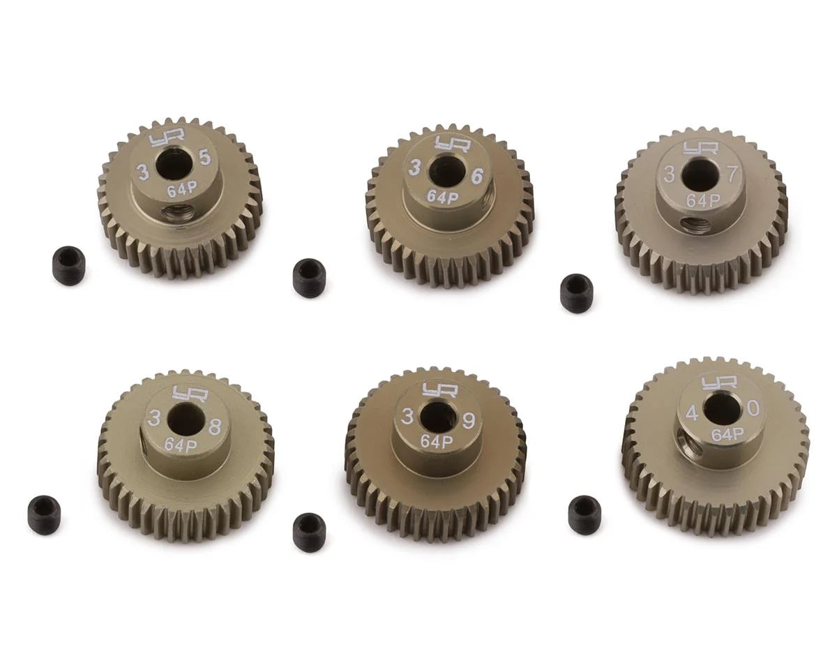 YEA-MG-64035-040     Yeah Racing Hard Coated 64P Aluminum Pinion Gear Set (35, 36, 37, 38, 39, 40T) (3.17mm Bore)     | The RC Shop at Dr Dans